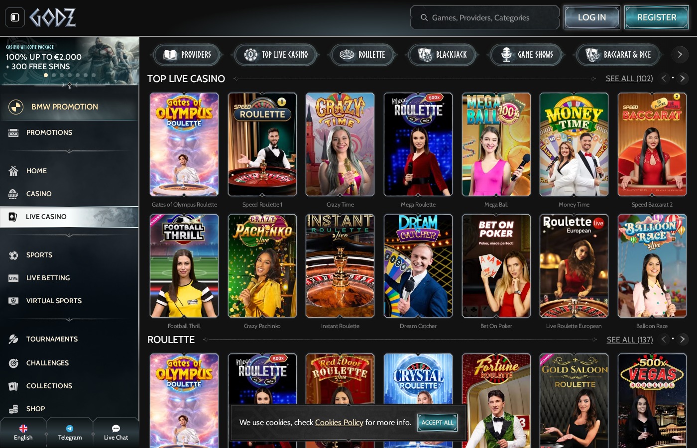 Casino en vivo Godz - Ruleta, Blackjack y Game Shows en directo con crupieres